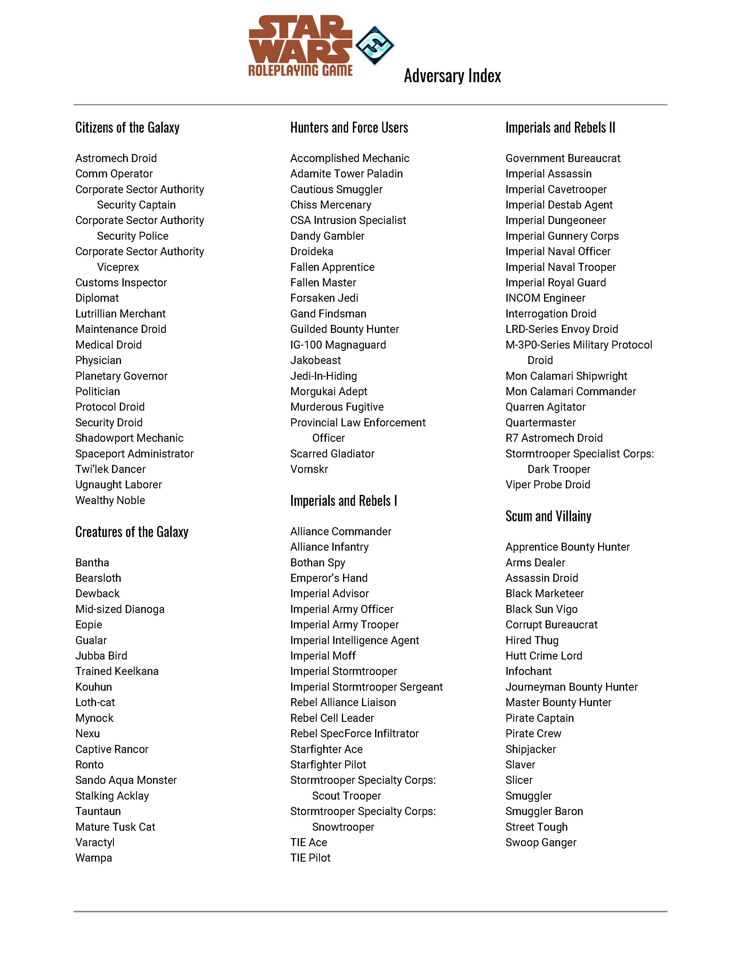 Adversary Card Index For Ffg Star Wars Roleplaying Game Tim Bannock